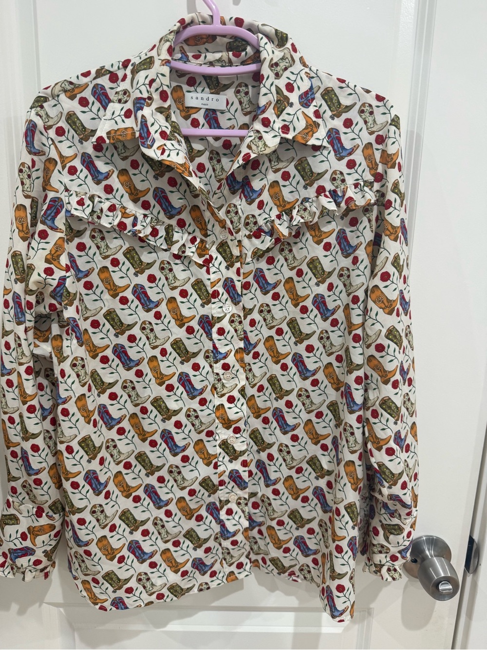 Sandro Cream Button-Up Shirt with Red Floral and Tan Cowboy Boot Print size 1